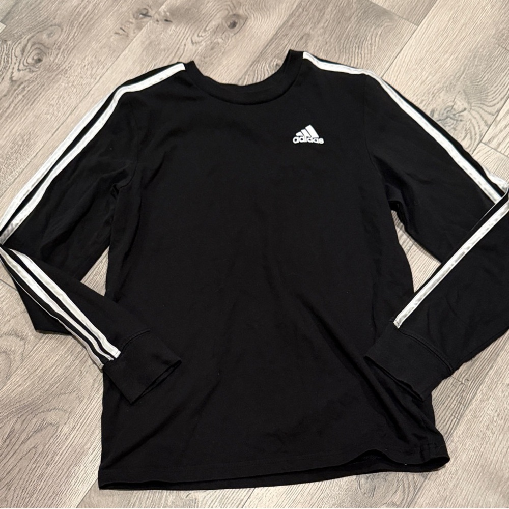 adidas Black Long-Sleeve Tee with White Shoulder Stripes